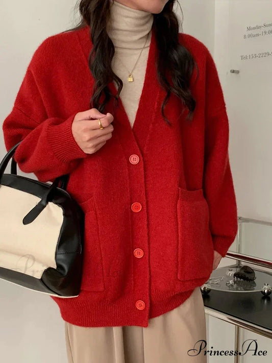 Large Preppy V-Neck Knitted Knit Cardigan Red / One Size cardiagn-250126
