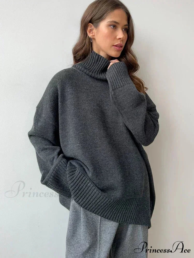 Large Retro Turtleneck Winter Sweater Gray / S swraters-241228