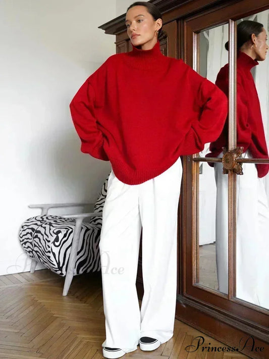 Large Retro Turtleneck Winter Sweater Red / S swraters-241228