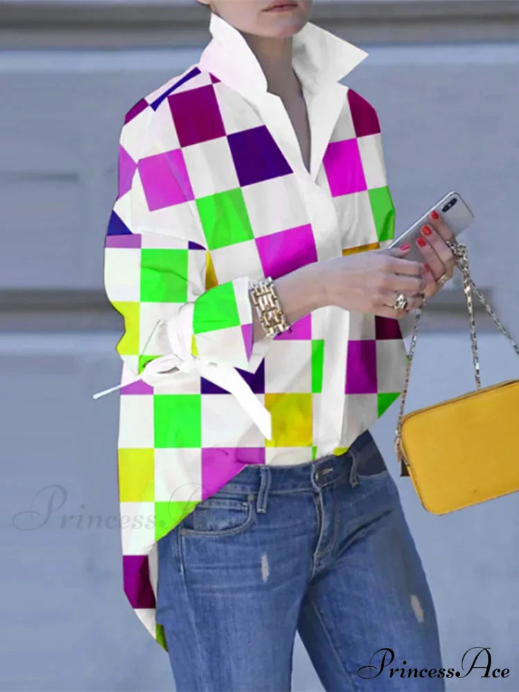 Large Size Patchwork Tartan Fold-down Collar Blouse blouse-250126