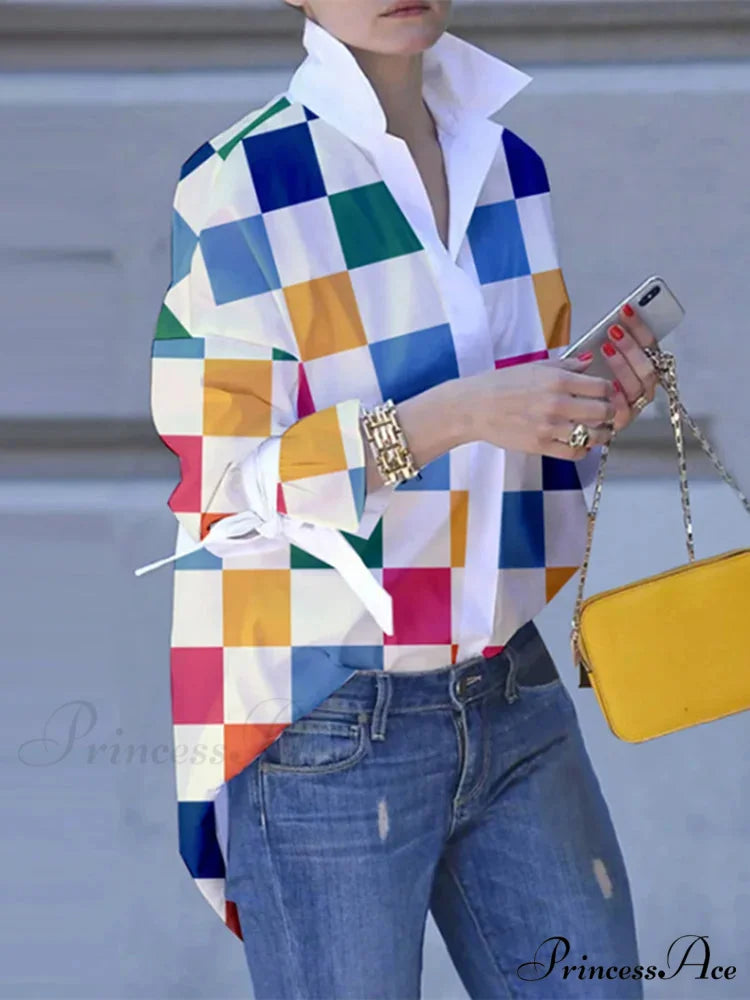 Large Size Patchwork Tartan Fold-down Collar Blouse blouse-250126