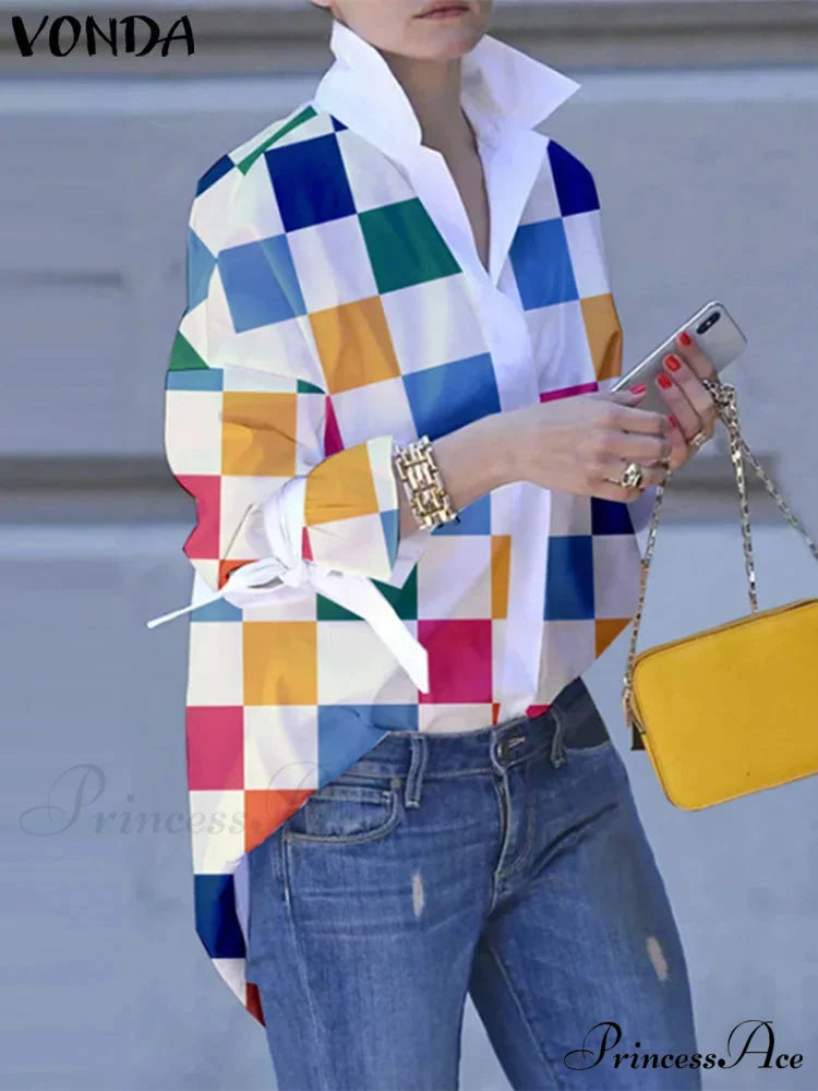 Large Size Patchwork Tartan Fold-down Collar Blouse Colorful / 0XL blouse-250126