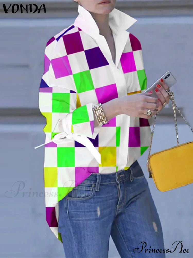 Large Size Patchwork Tartan Fold-down Collar Blouse Green / 0XL blouse-250126