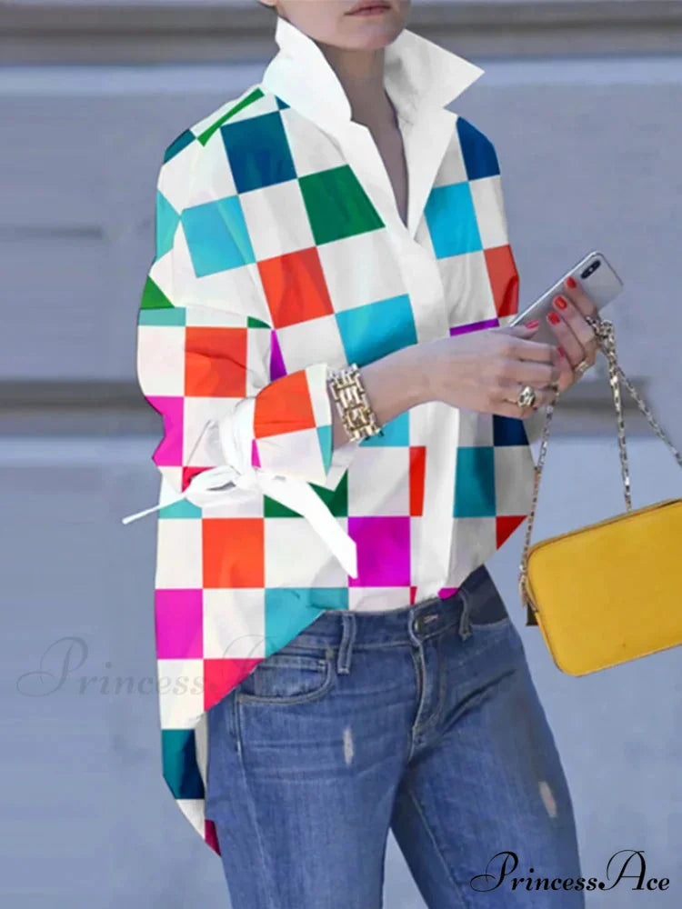 Large Size Patchwork Tartan Fold-down Collar Blouse Orange / 0XL blouse-250126