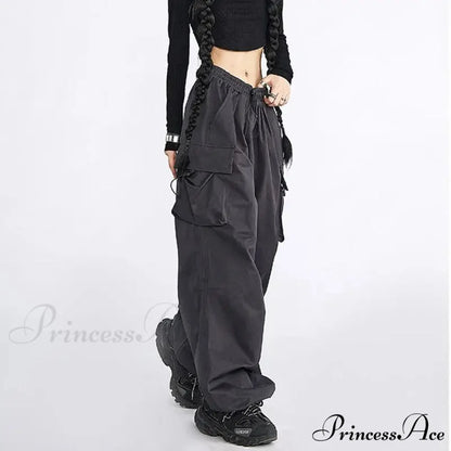 Large Solid Cargo Drawstring Trousers pants-241228