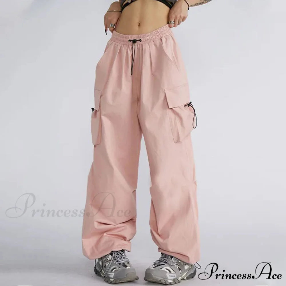 Large Solid Cargo Drawstring Trousers Pink / S pants-241228