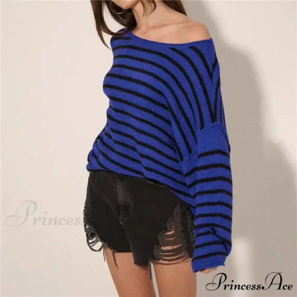 Large Striped V-Neck Color Block Knit Sweater Knit Top BLUE / S knittop-250126