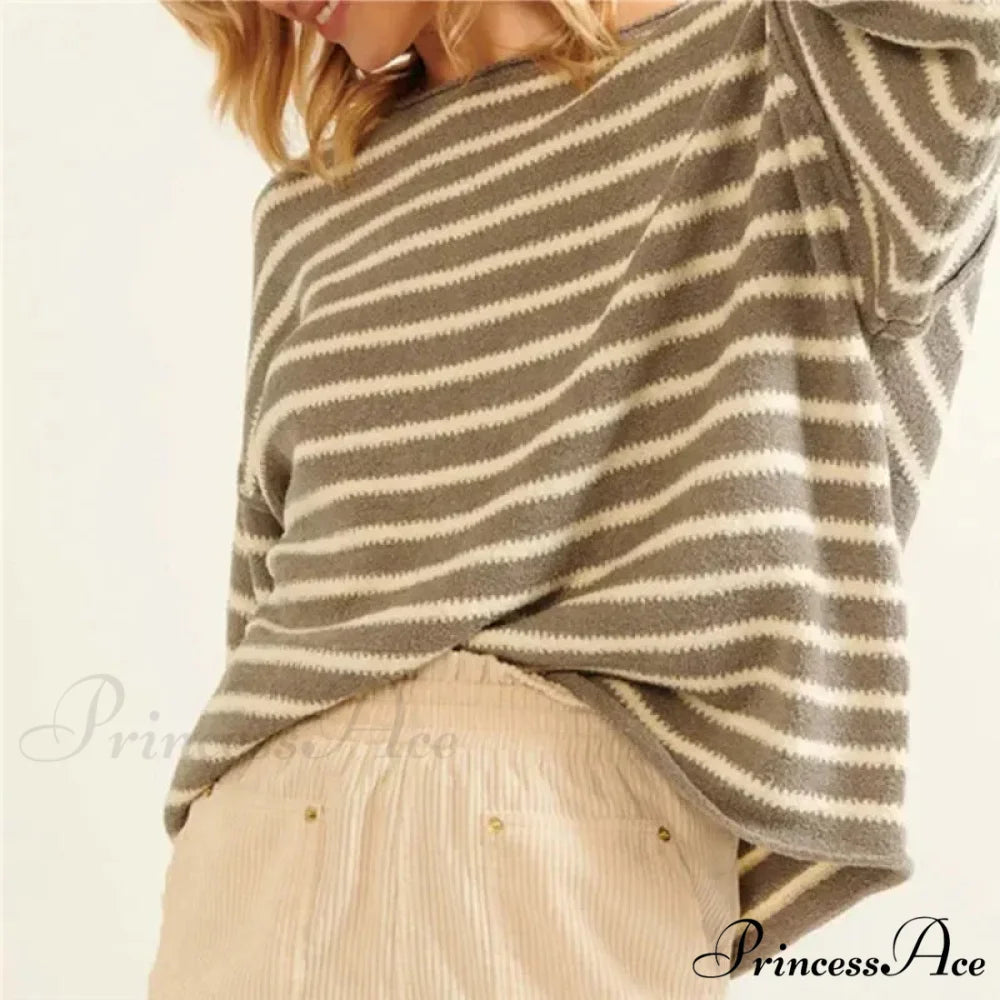 Large Striped V-Neck Color Block Knit Sweater Knit Top GREEN / S knittop-250126