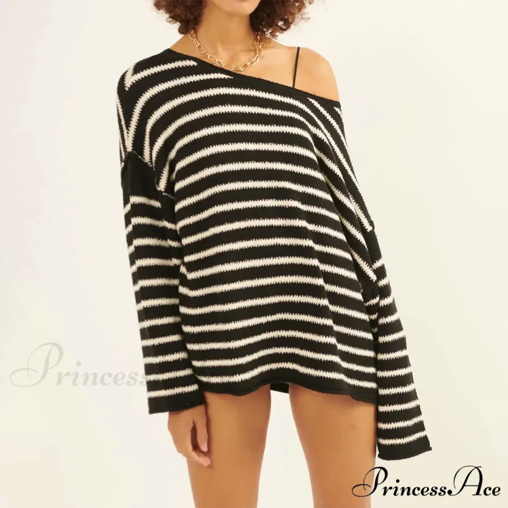 Large Striped V-Neck Color Block Knit Sweater Knit Top knittop-250126