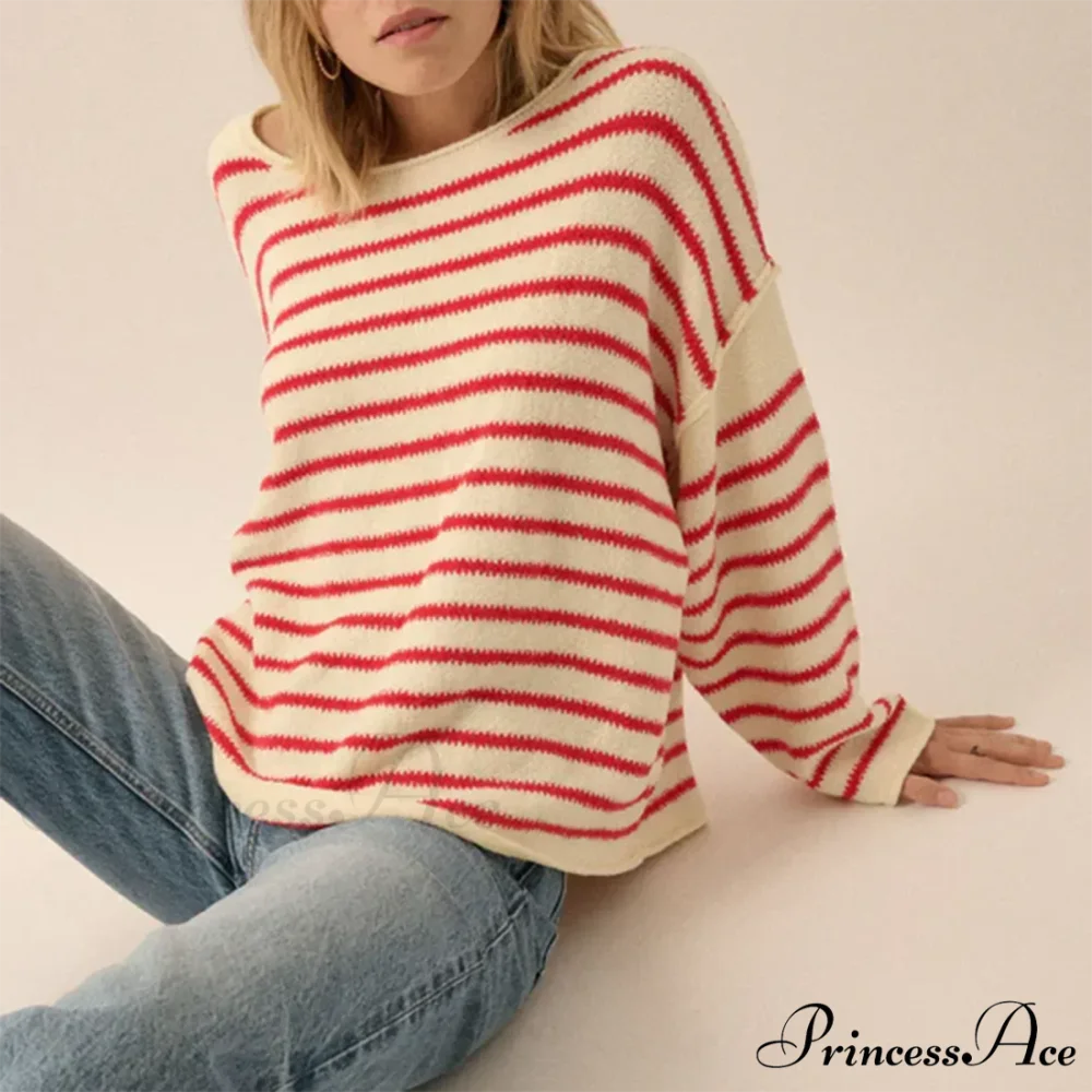Large Striped V-Neck Color Block Knit Sweater Knit Top knittop-250126