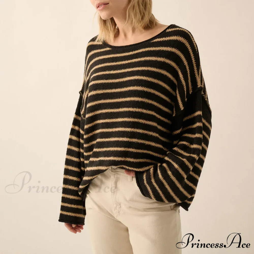 Large Striped V-Neck Color Block Knit Sweater Knit Top knittop-250126