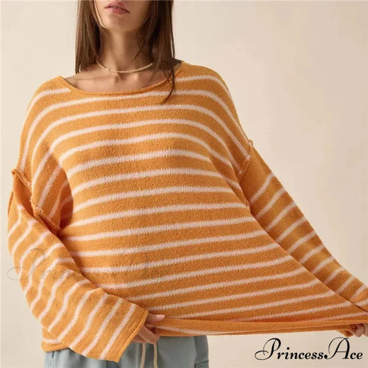 Large Striped V-Neck Color Block Knit Sweater Knit Top ORANGE1 / S knittop-250126