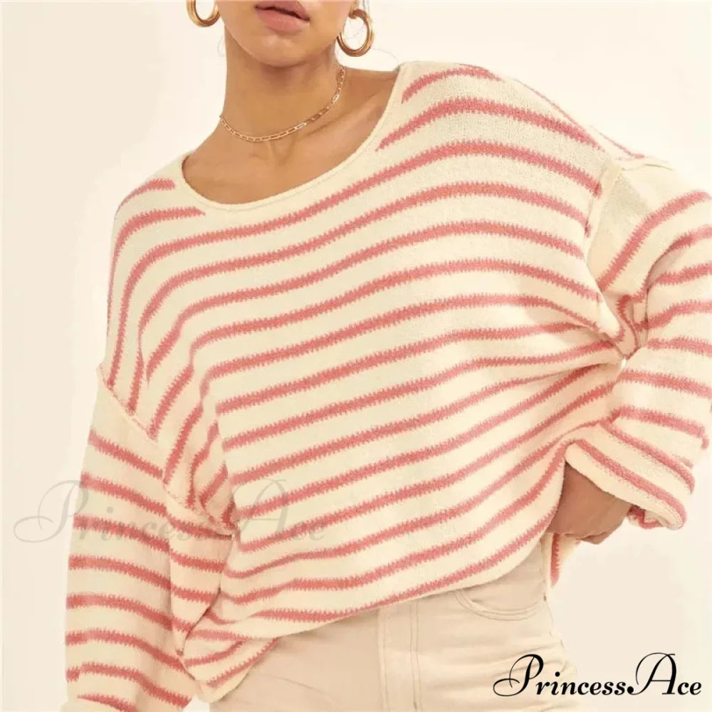 Large Striped V-Neck Color Block Knit Sweater Knit Top ORANGE2 / S knittop-250126