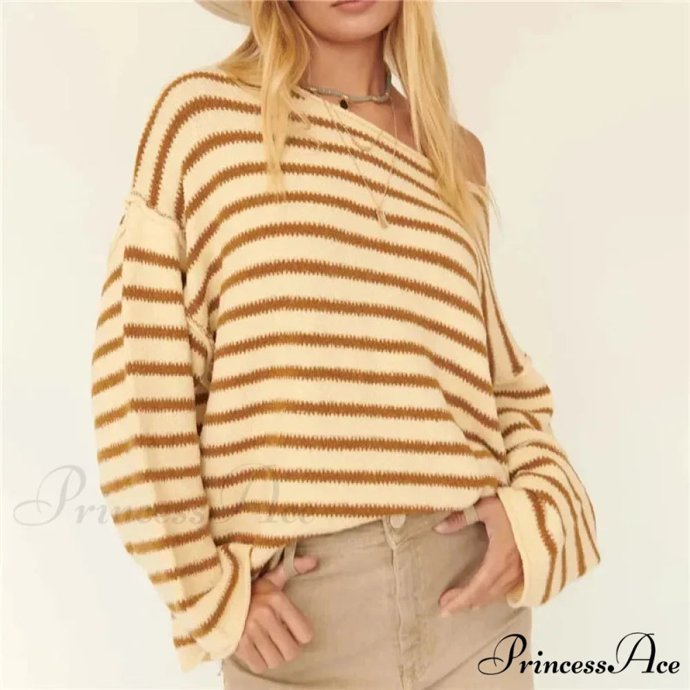 Large Striped V-Neck Color Block Knit Sweater Knit Top ORANGE3 / S knittop-250126