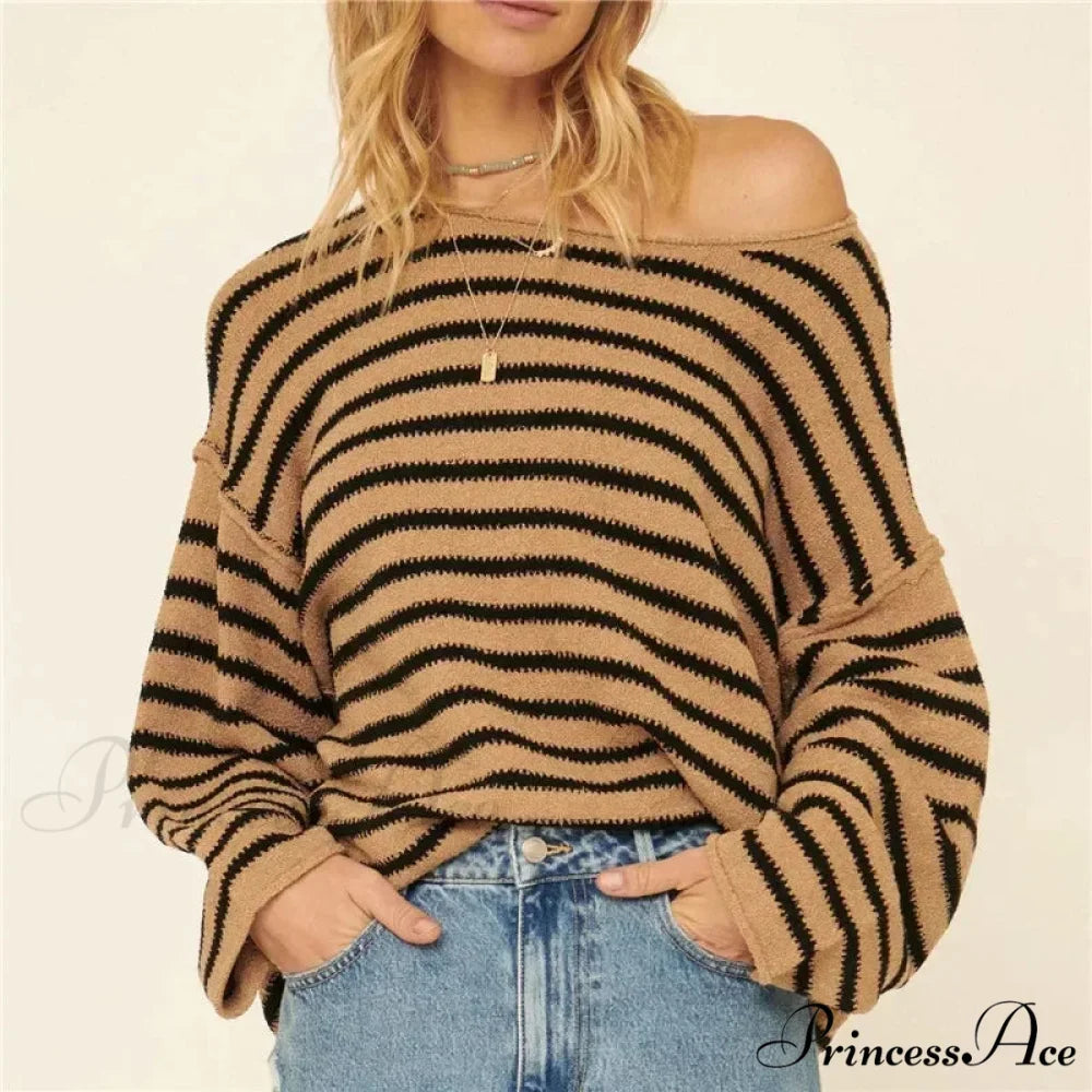 Large Striped V-Neck Color Block Knit Sweater Knit Top ORANGE4 / S knittop-250126