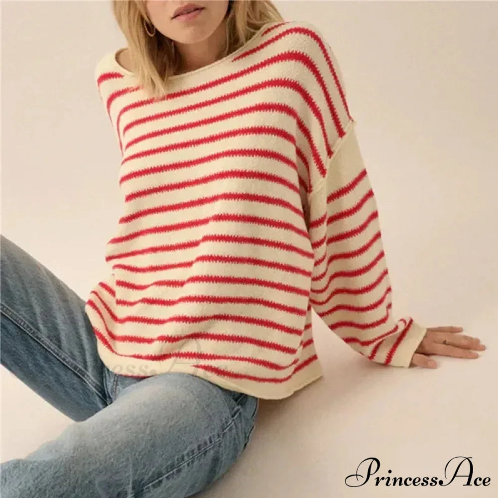 Large Striped V-Neck Color Block Knit Sweater Knit Top PINK / S knittop-250126