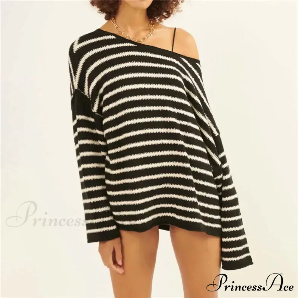 Large Striped V-Neck Color Block Knit Sweater Knit Top Zebra-stripe1 / S knittop-250126