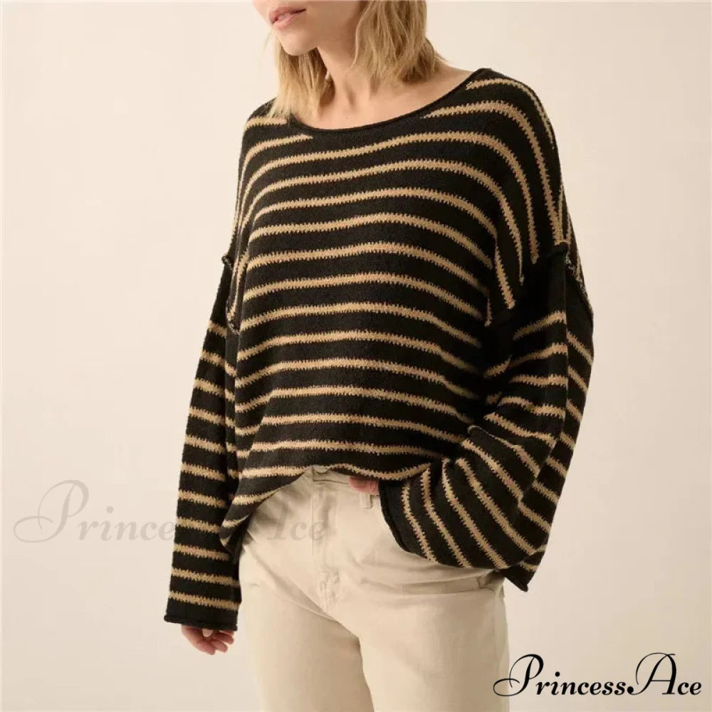 Large Striped V-Neck Color Block Knit Sweater Knit Top Zebra-stripe2 / S knittop-250126