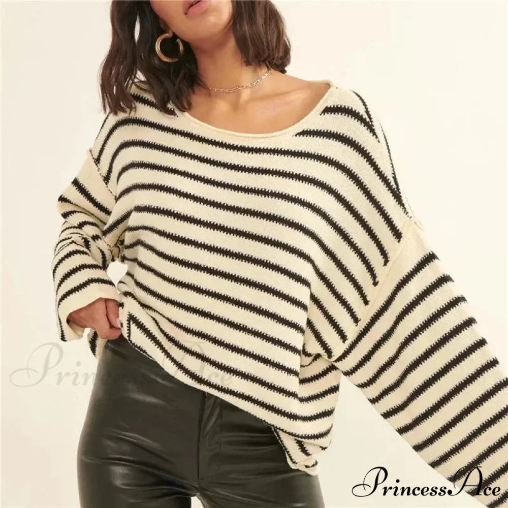 Large Striped V-Neck Color Block Knit Sweater Knit Top Zebra-stripe3 / S knittop-250126