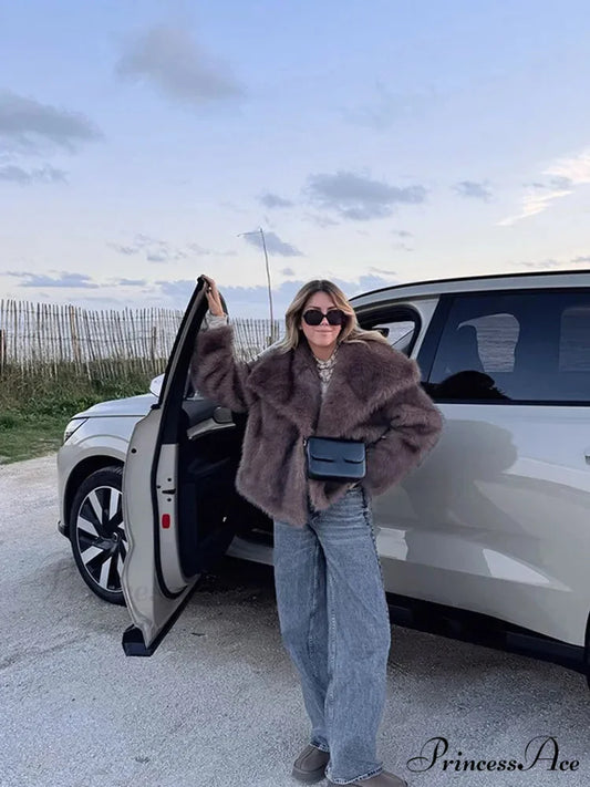 Large Tan Fluffy Brief Jacket Brown 1 / S coats-241228