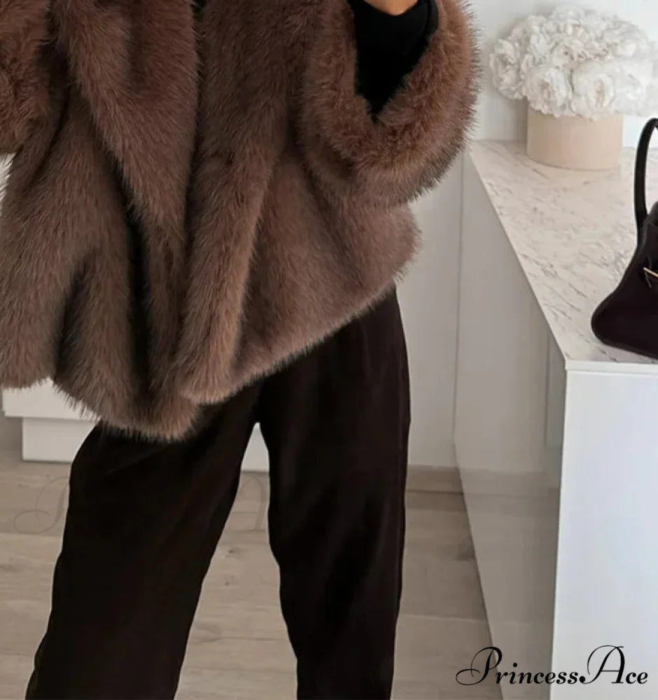 Large Tan Fluffy Brief Jacket Brown 2 / S coats-241228