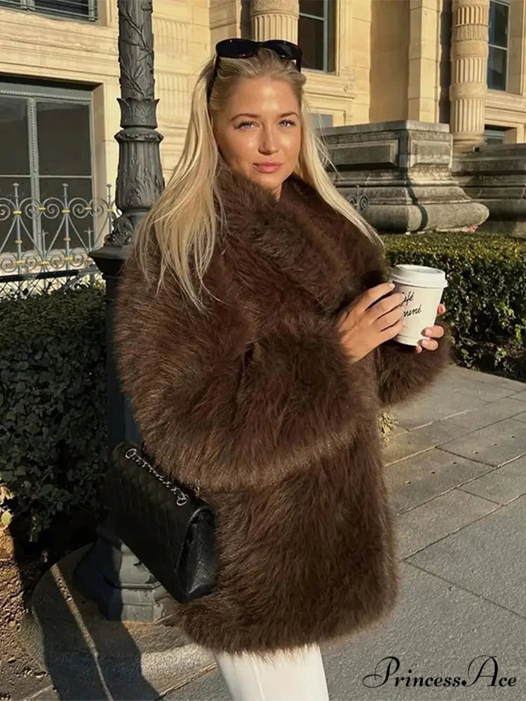 Large Tan Fluffy Brief Jacket Brown 4 / S coats-241228
