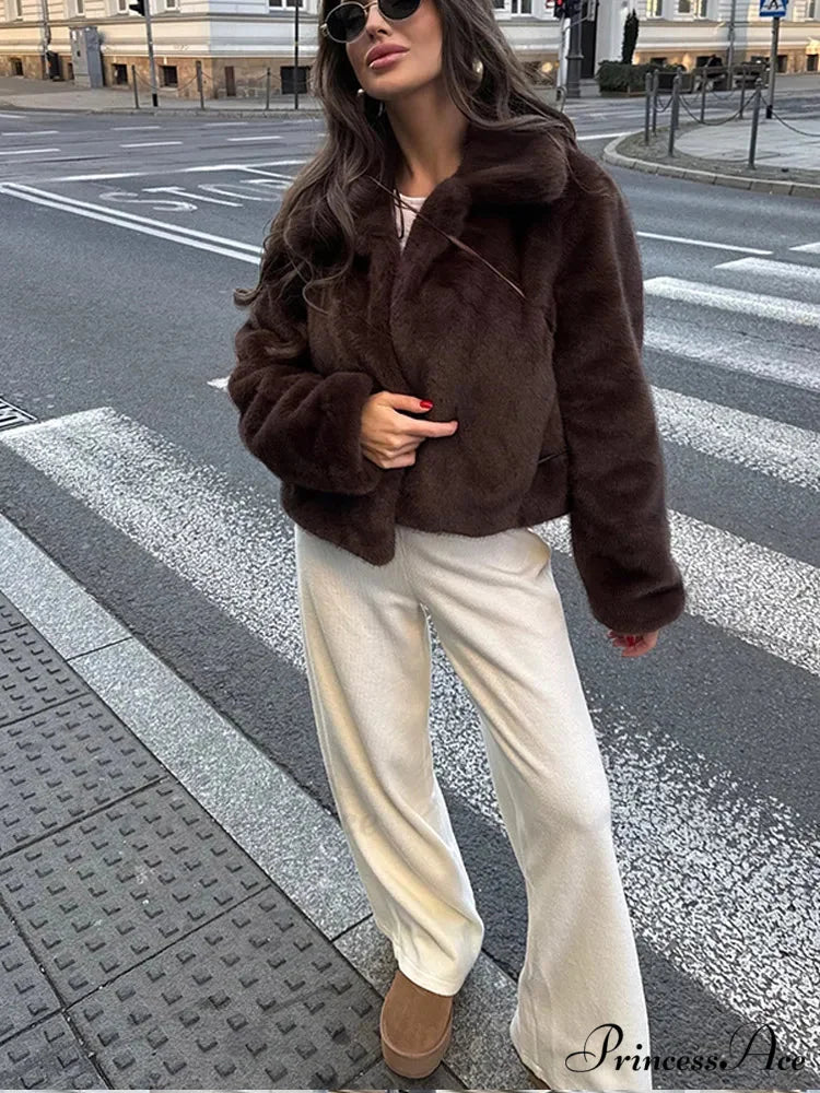 Large Tan Fluffy Brief Jacket Brown 5 / S coats-241228