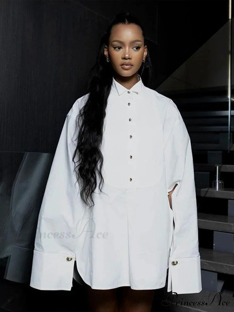 Large White Lapel Full Sleeve Side Split Blouse blouse-250126