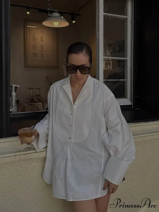 Large White Lapel Full Sleeve Side Split Blouse blouse-250126