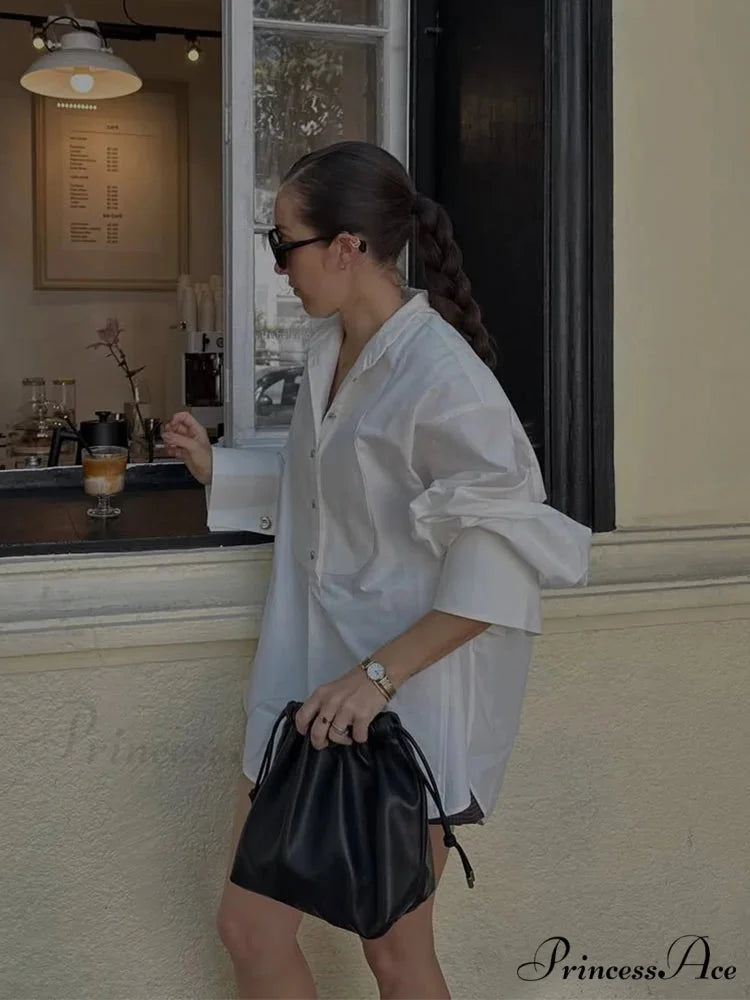 Large White Lapel Full Sleeve Side Split Blouse blouse-250126