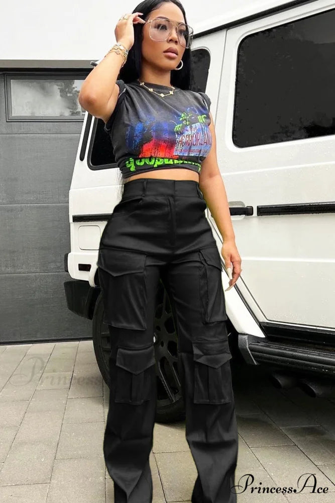 Large with Solid Cargo Pants Pocket Black / S