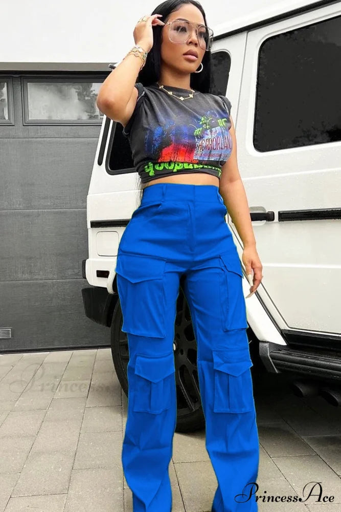 Large with Solid Cargo Pants Pocket Blue / S