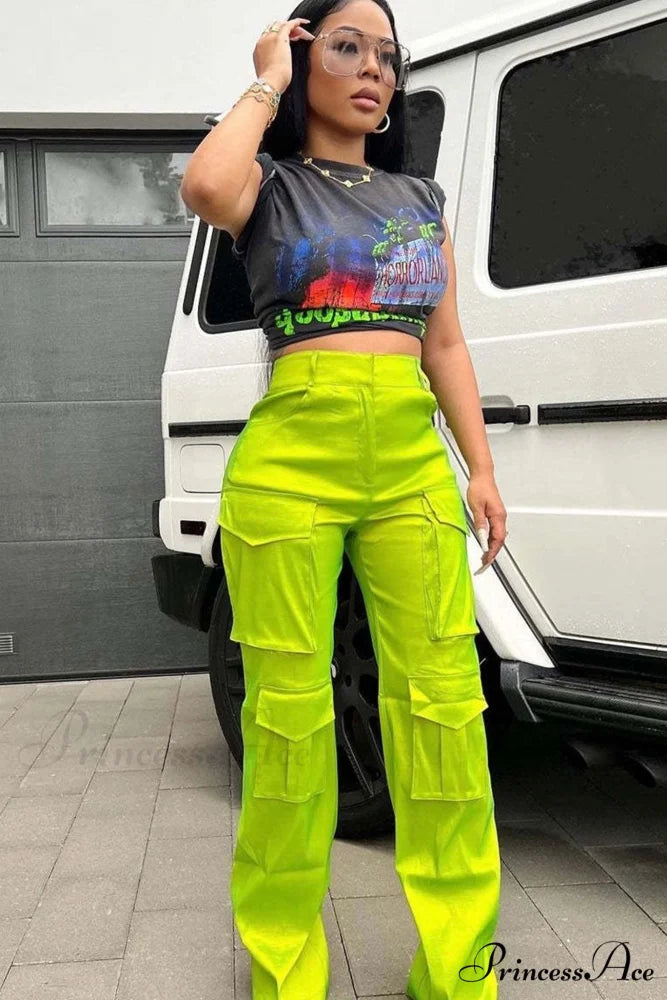 Large with Solid Cargo Pants Pocket Fluorescent Green / S