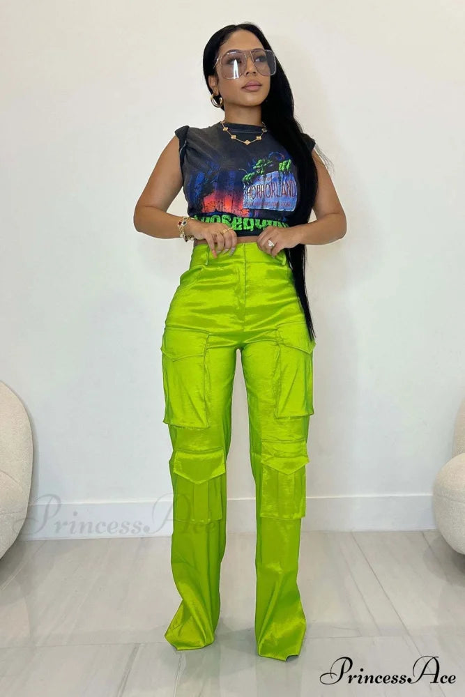 Large with Solid Cargo Pants Pocket Fluorescent Green / XL