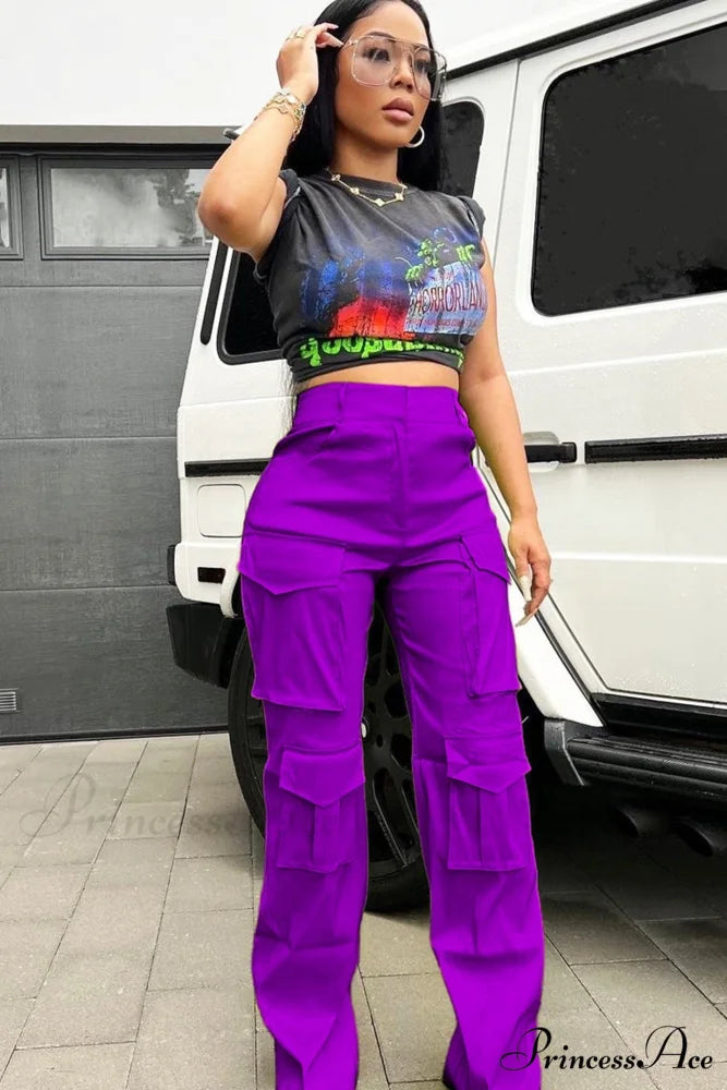 Large with Solid Cargo Pants Pocket Purple / S