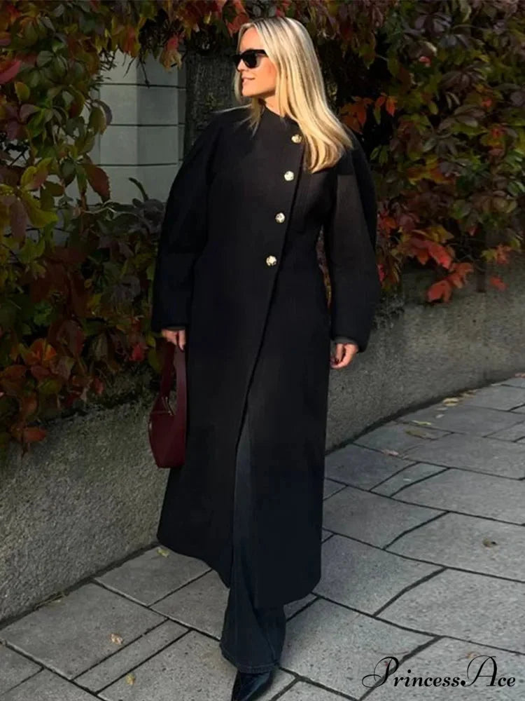 Large Woolen Collar Single-Button Overcoat Black / S overcoats-241228