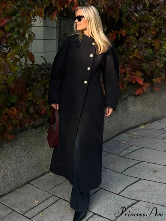 Large Woolen Collar Single-Button Overcoat Black / S overcoats-241228