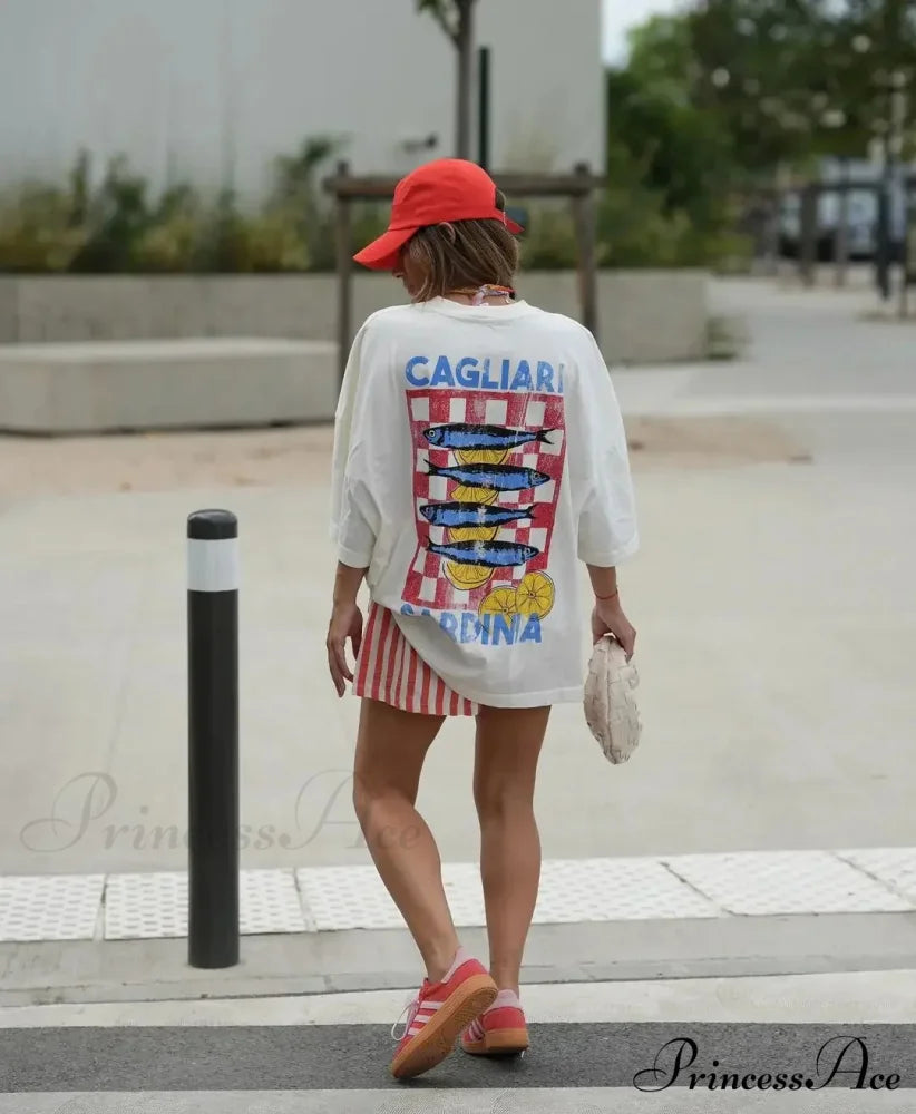 Large Y2K Summer Fish Graphic T-shirt white1 / S t-shirt-250223