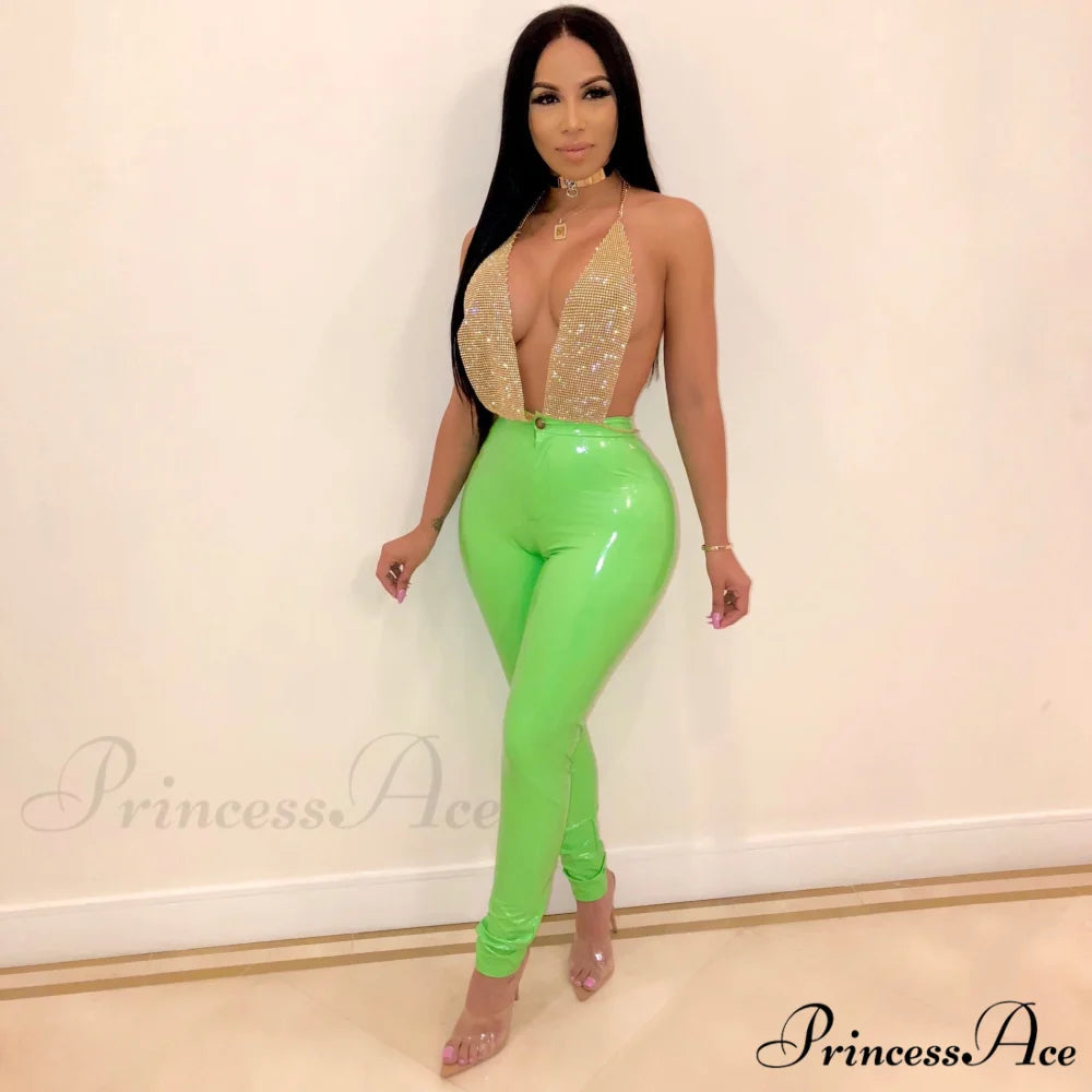 Latex Faux Pu Leather Pants Trousers Army Green / S