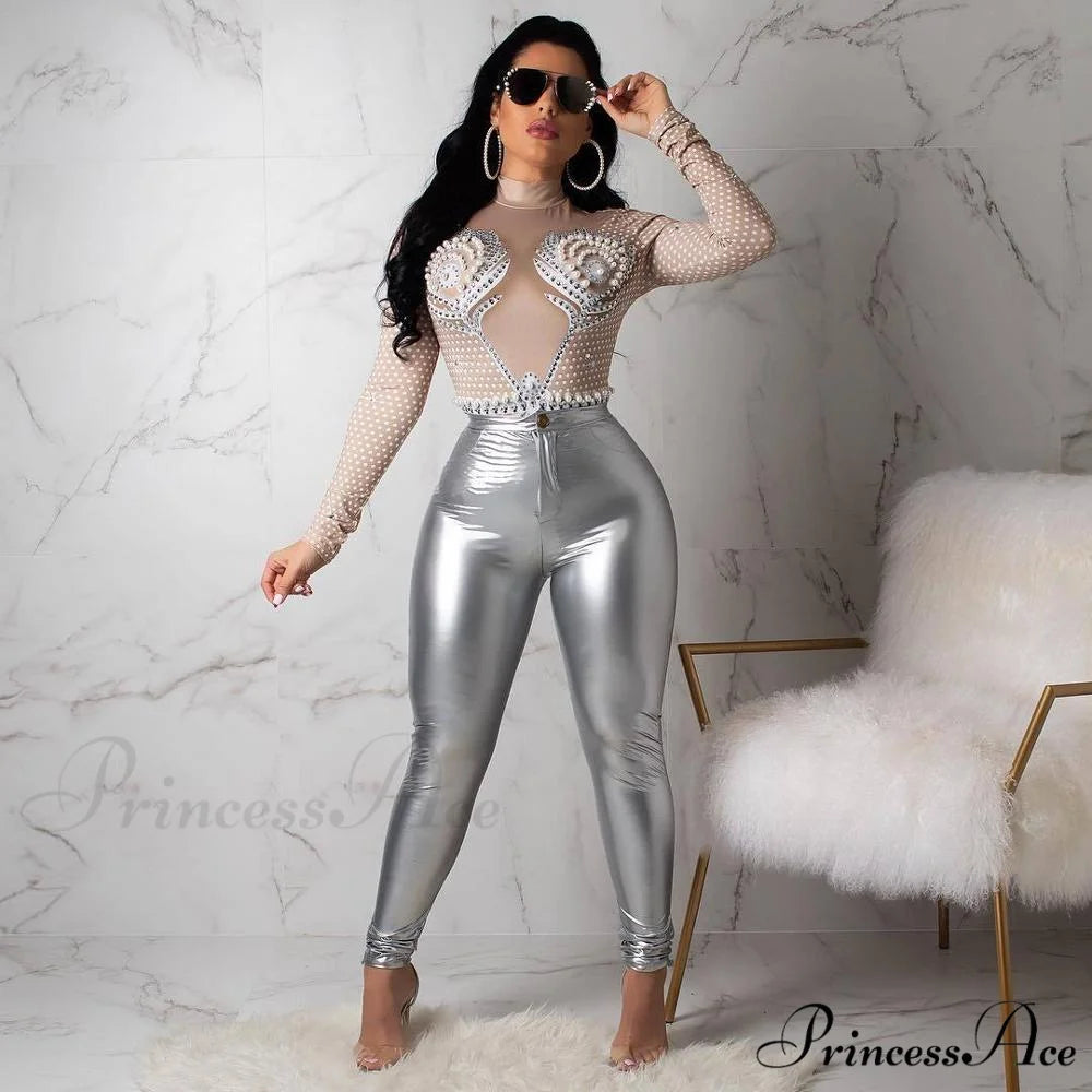 Latex Faux Pu Leather Pants Trousers Silver / S
