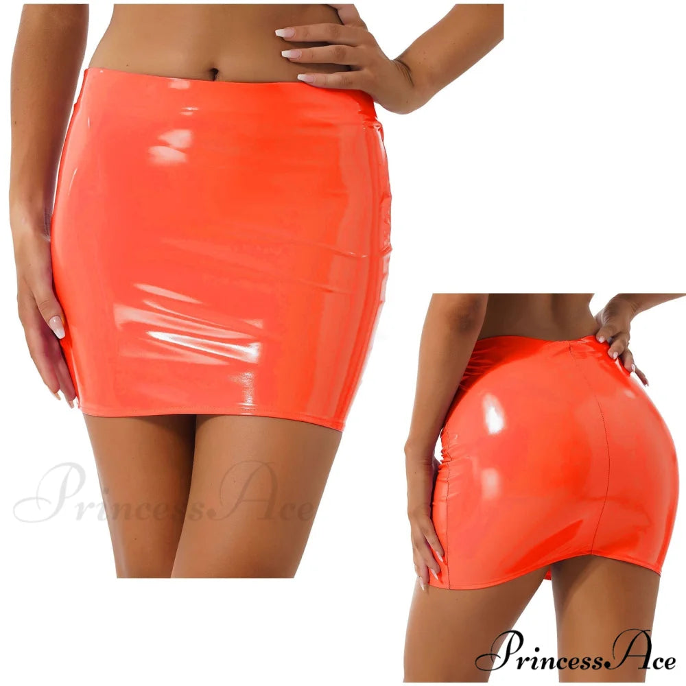 Latex Patent Leather Miniskirt Orange / S