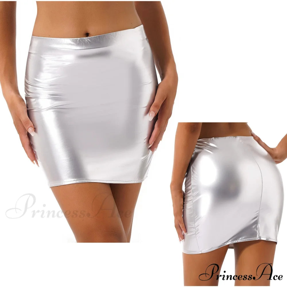 Latex Patent Leather Miniskirt Silver / S
