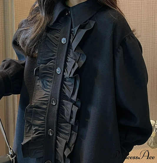 Lautaro Flounced Woolen Lantern Sleeve Overcoat Black / S overcoats-241228