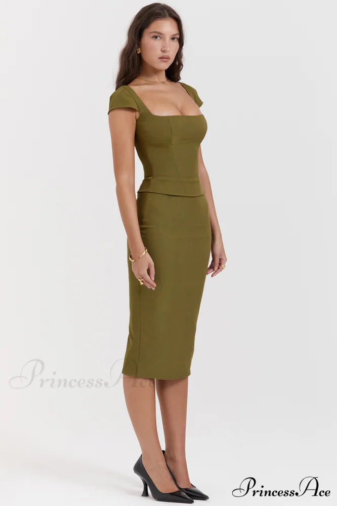 Layana Olive Stylish Corset Midi Dress L / Olive