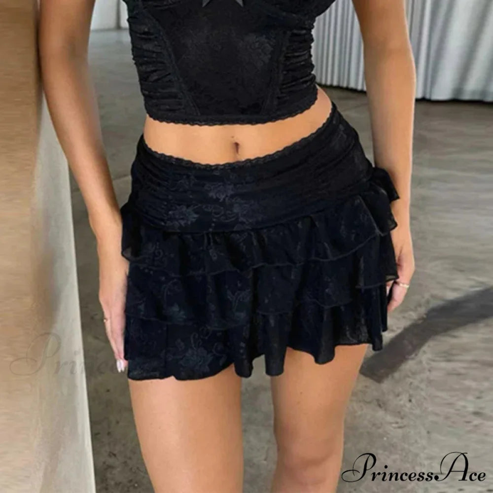 Layered Blossom Lace Mini Skirt Black / S skirts-250223