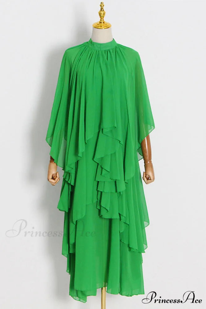 Layered Elegant Silk-Georgette Gown M / Green
