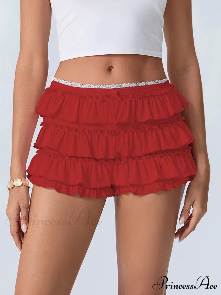Layered Flounced Stretchy Waist Short Red / S short-250223