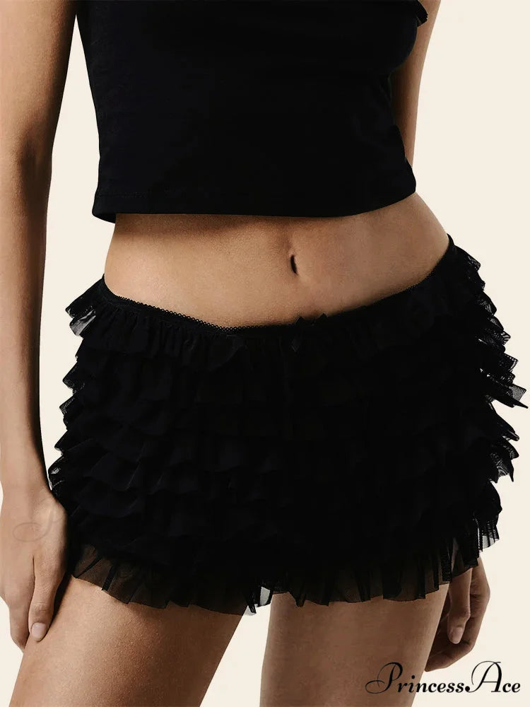 Layered Frill Ribbon Patchwork Short black / S short-250223