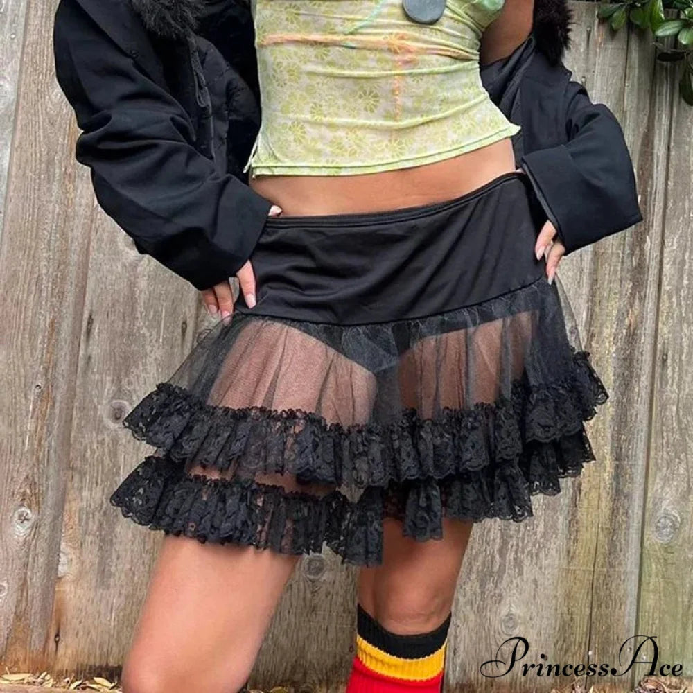 Layered Lace Flounced Retro Skirt Black / S skirts-250223