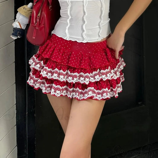 Layered Lace Trim Bloomers Skirt Red / S skirts-250223
